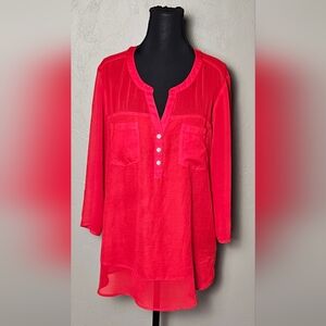 [EXPRESS] Bright Red Partially Sheer & Lined Blouse ○● Half Button-Down V-Neck